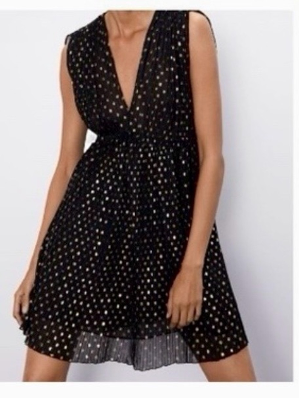 Zara Black & Gold Polka Dot Mini Dress Pleated Sleeves Size Small